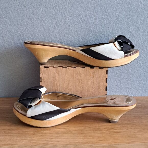 Kate Spade Vintage Women’s 8 Black Bow Kitten Heel Open Toe Sandals Clogs Wood - Picture 6 of 11